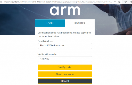 The webpage for verification code entry