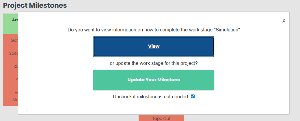 dialog on pressing milestone in tracker, view design flow stage info, update the milestone or uncheck if not needed